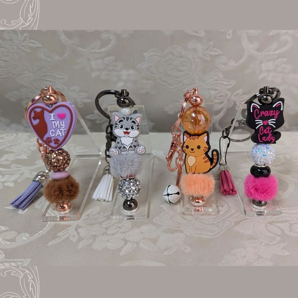 Silicone Beaded Keychain YOU PICK I love My Cat, gray cat, orange cat, Crazy Cat